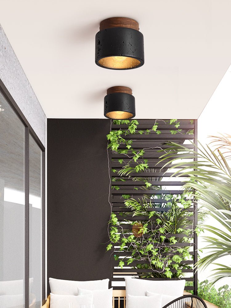 Volcanic Glow Flush Mount Ceiling Light in Black Travertine and Walnut