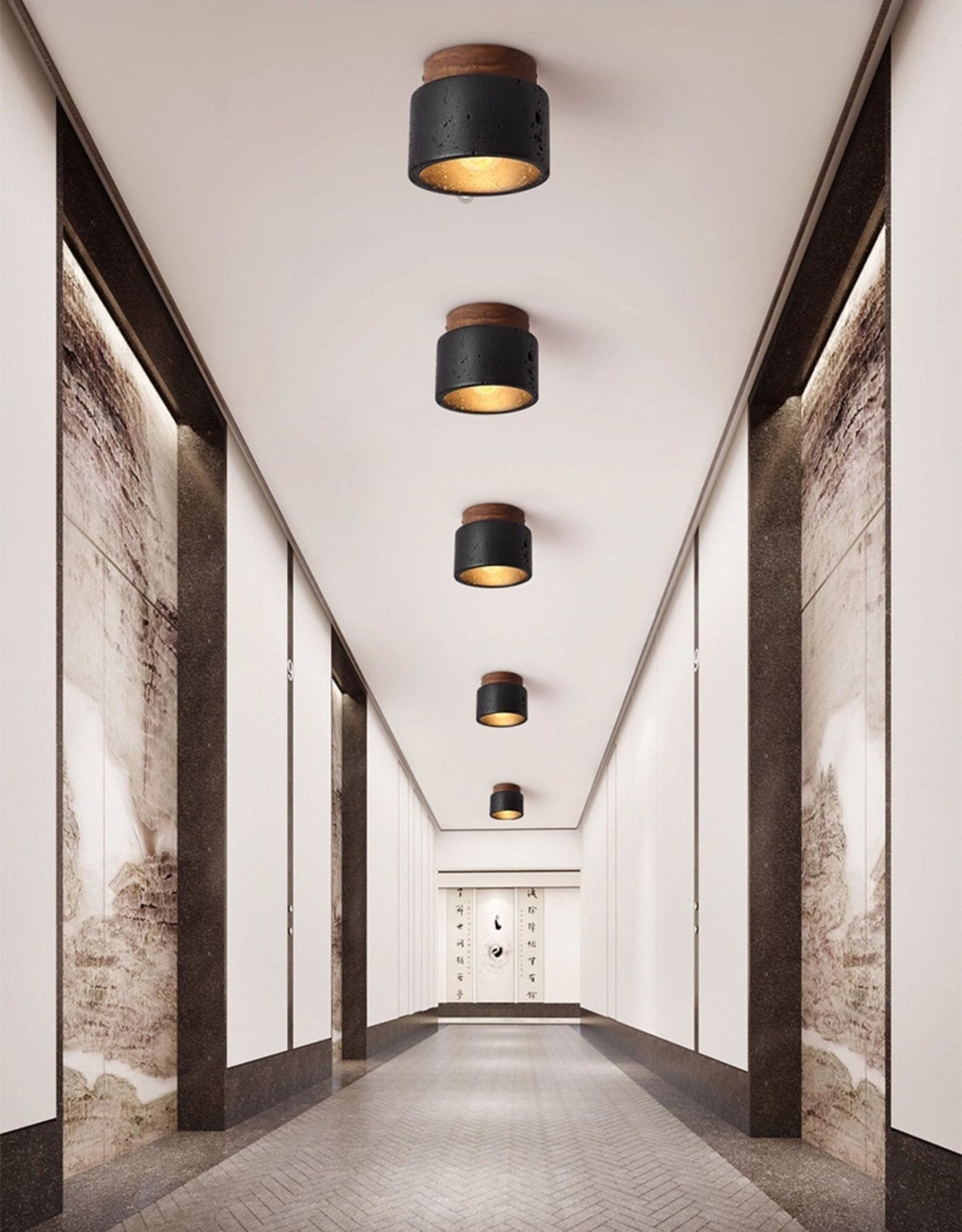 Volcanic Glow Flush Mount Ceiling Light in Black Travertine and Walnut