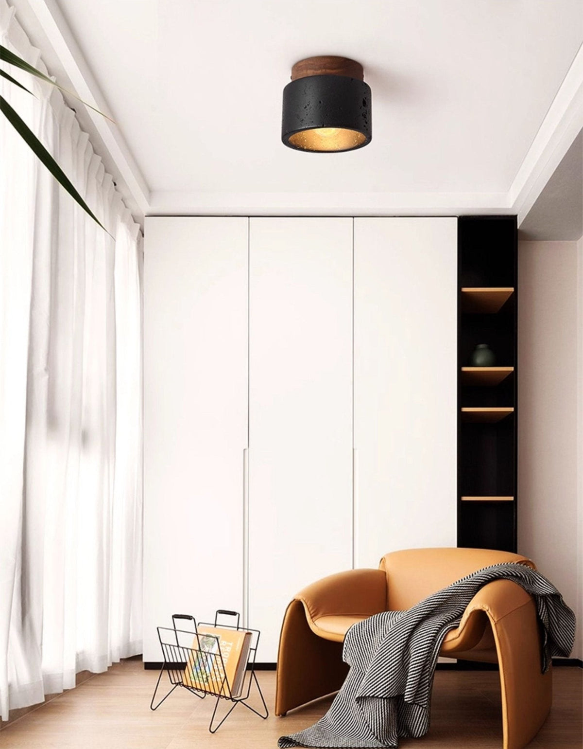 Volcanic Glow Flush Mount Ceiling Light in Black Travertine and Walnut