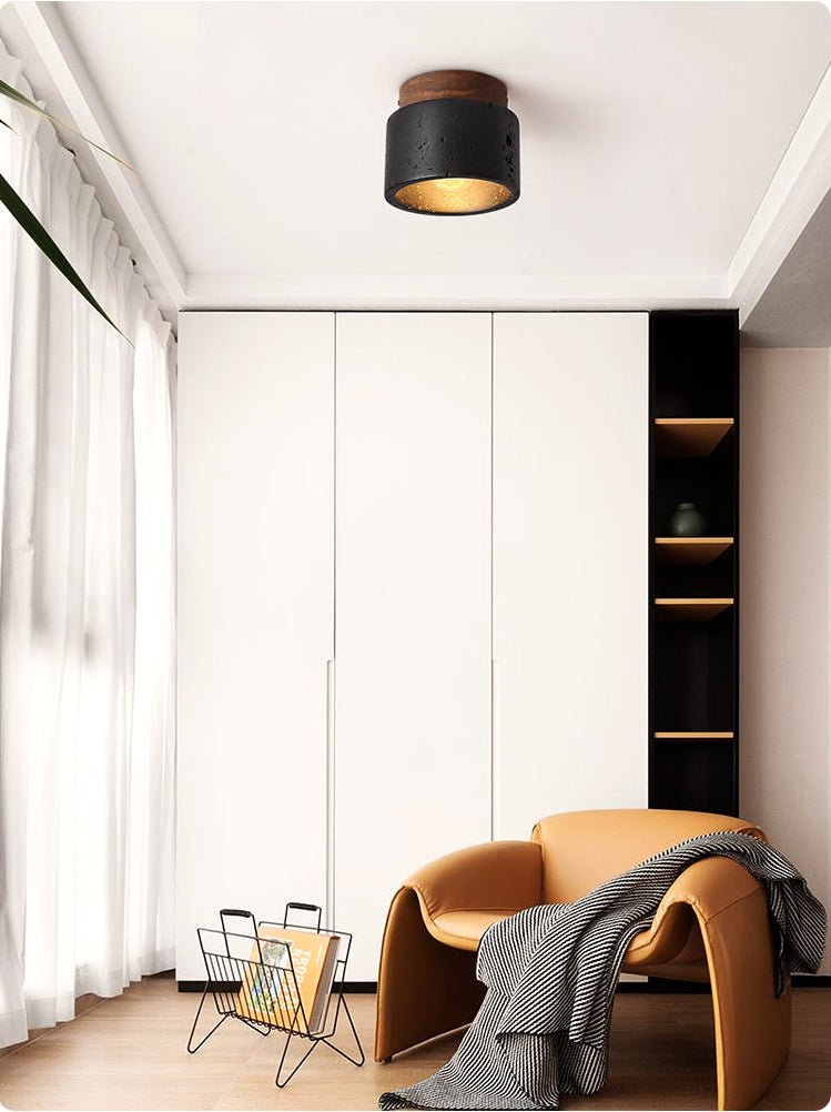Volcanic Glow Flush Mount Ceiling Light in Black Travertine and Walnut