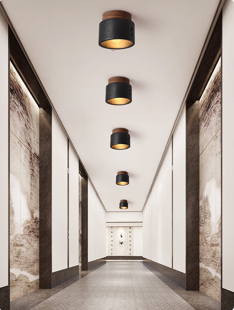Volcanic Glow Flush Mount Ceiling Light in Black Travertine and Walnut