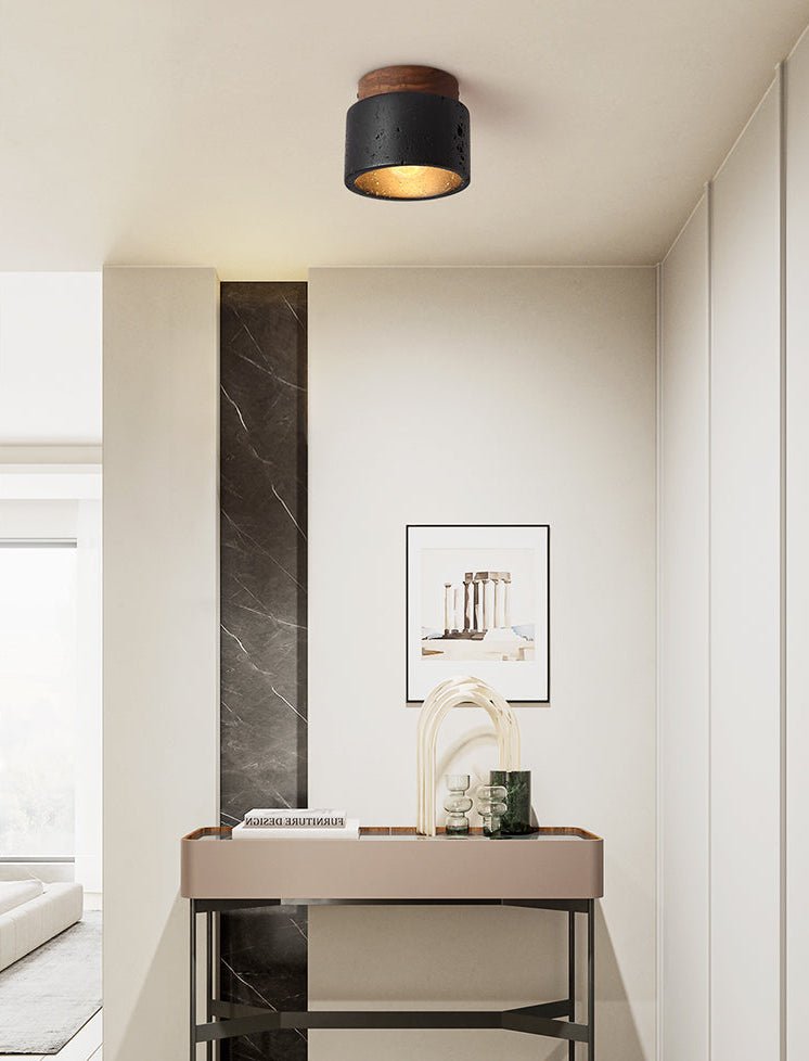 Volcanic Glow Flush Mount Ceiling Light in Black Travertine and Walnut