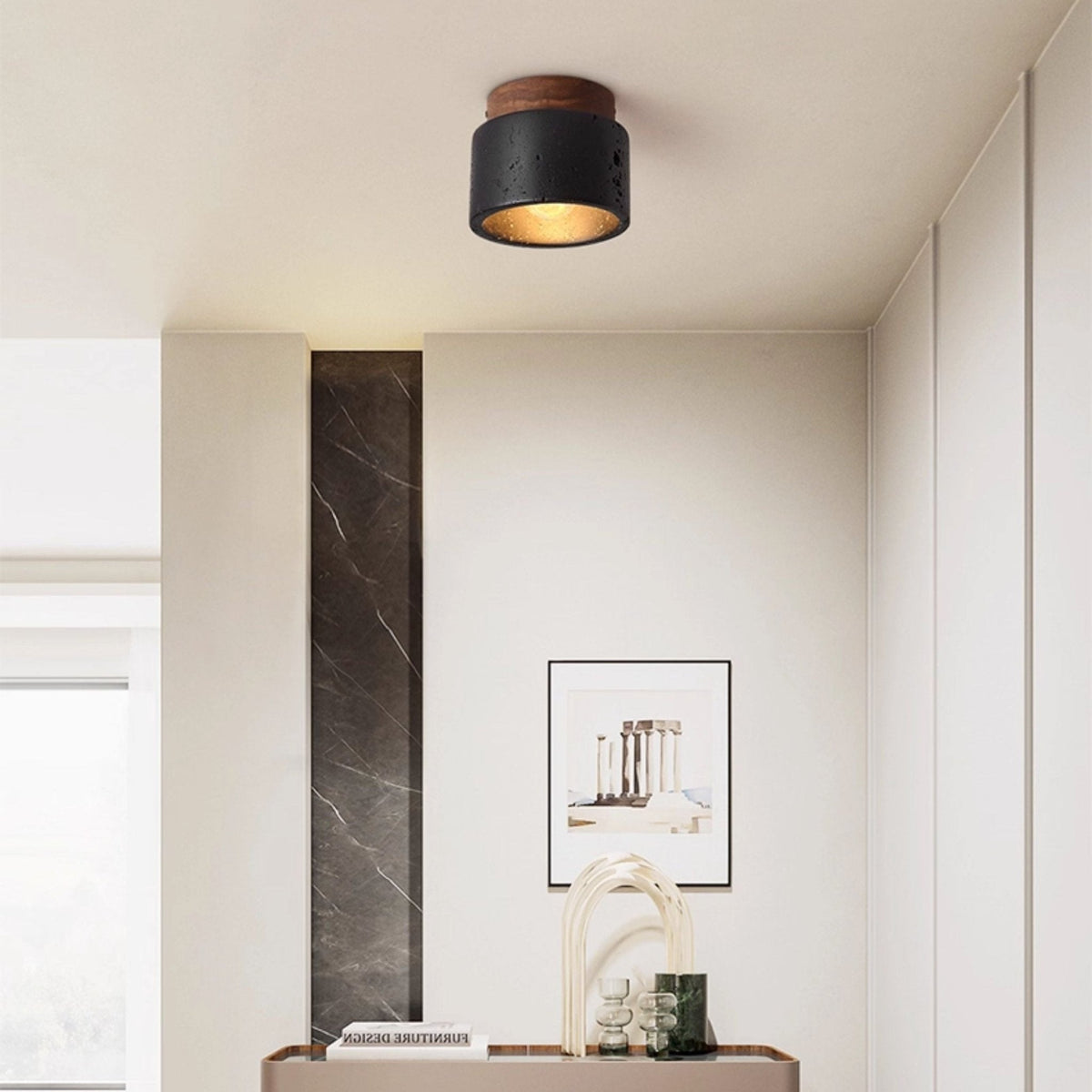 Volcanic Glow Flush Mount Ceiling Light in Black Travertine and Walnut