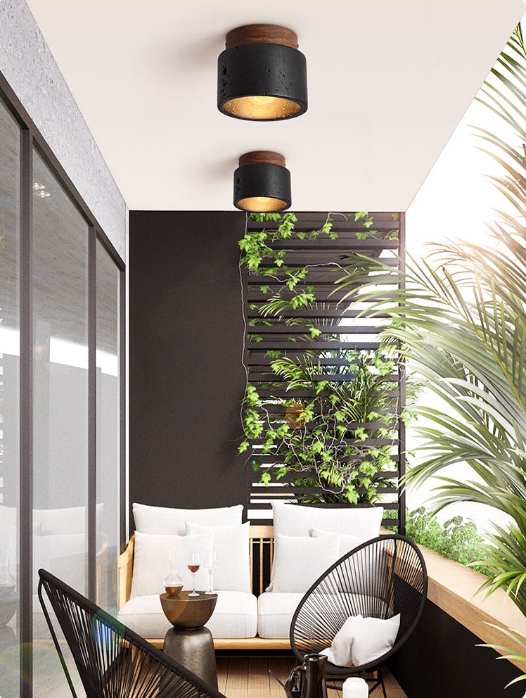 Volcanic Glow Flush Mount Ceiling Light in Black Travertine and Walnut