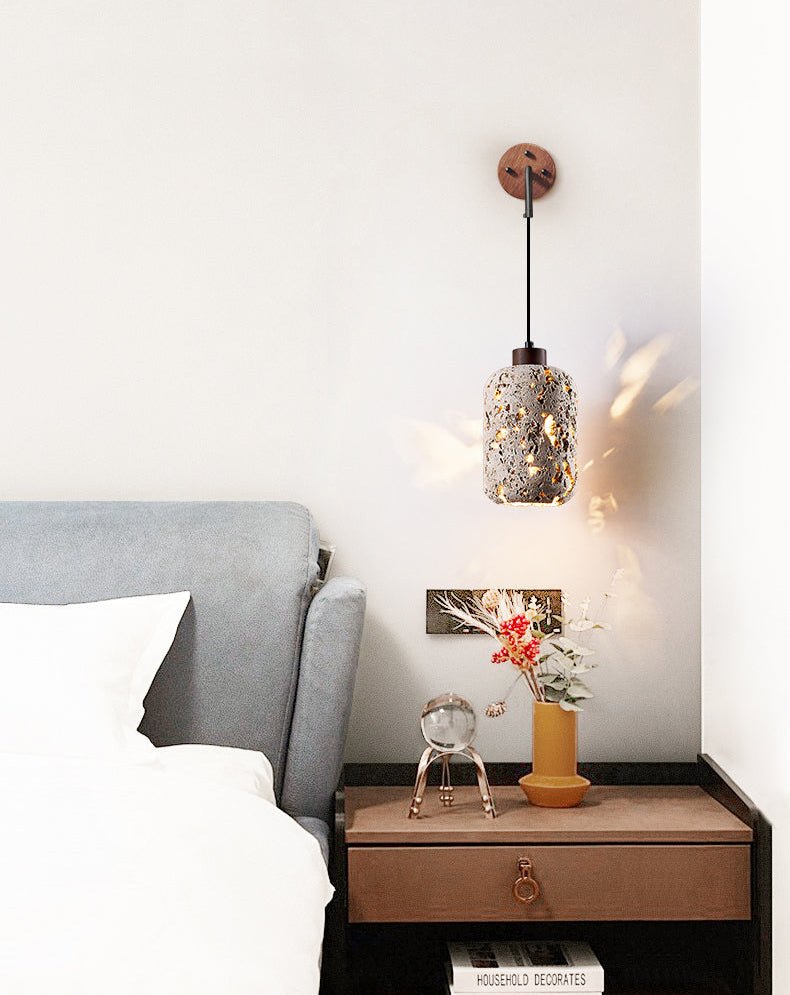 Volcanic Glow Travertine Wall Sconce with Walnut Accent