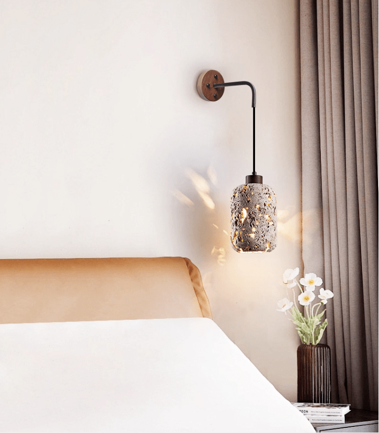 Volcanic Glow Travertine Wall Sconce with Walnut Accent