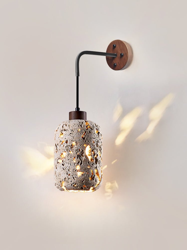 Volcanic Glow Travertine Wall Sconce with Walnut Accent