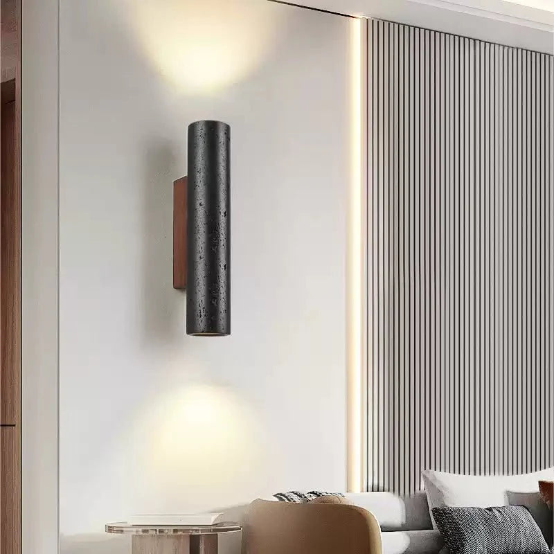 Volcanic Noir Wall Sconce – Black Travertine & Walnut Up-Down Light