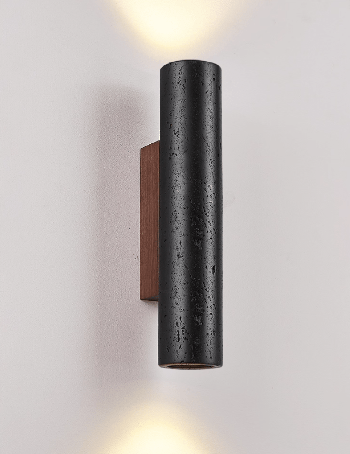 Volcanic Noir Wall Sconce – Black Travertine & Walnut Up-Down Light