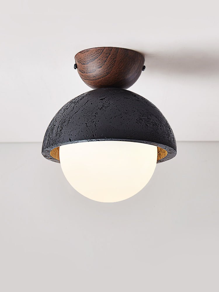 Volcanic Orb Flush Mount Ceiling Light in Black Travertine and Opal Glass