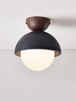 Volcanic Orb Flush Mount Ceiling Light in Black Travertine and Opal Glass