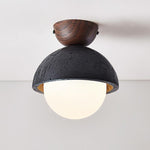 Volcanic Orb Flush Mount Ceiling Light in Black Travertine and Opal Glass