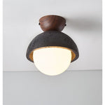 Volcanic Orb Flush Mount Ceiling Light in Black Travertine and Opal Glass