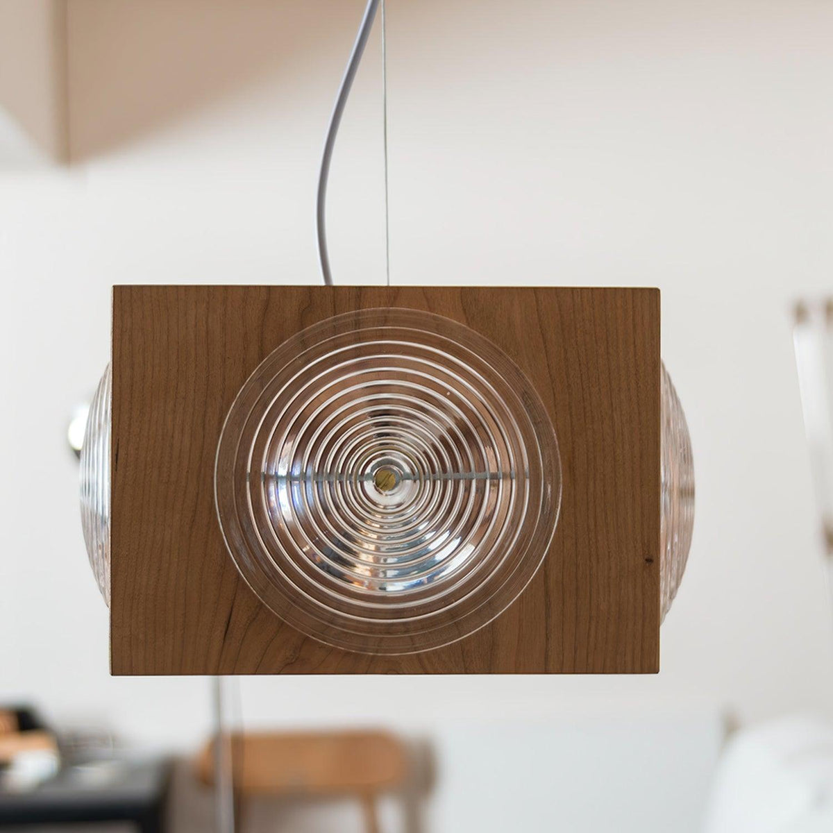 Vintage Camera Pendant Light in Cherry Wood with Glass Lens
