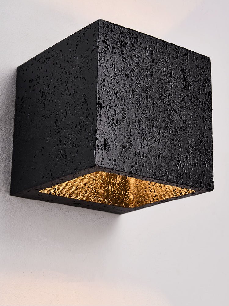 Vulcanis Cube Wall Sconce in Black Travertine with Golden Interior