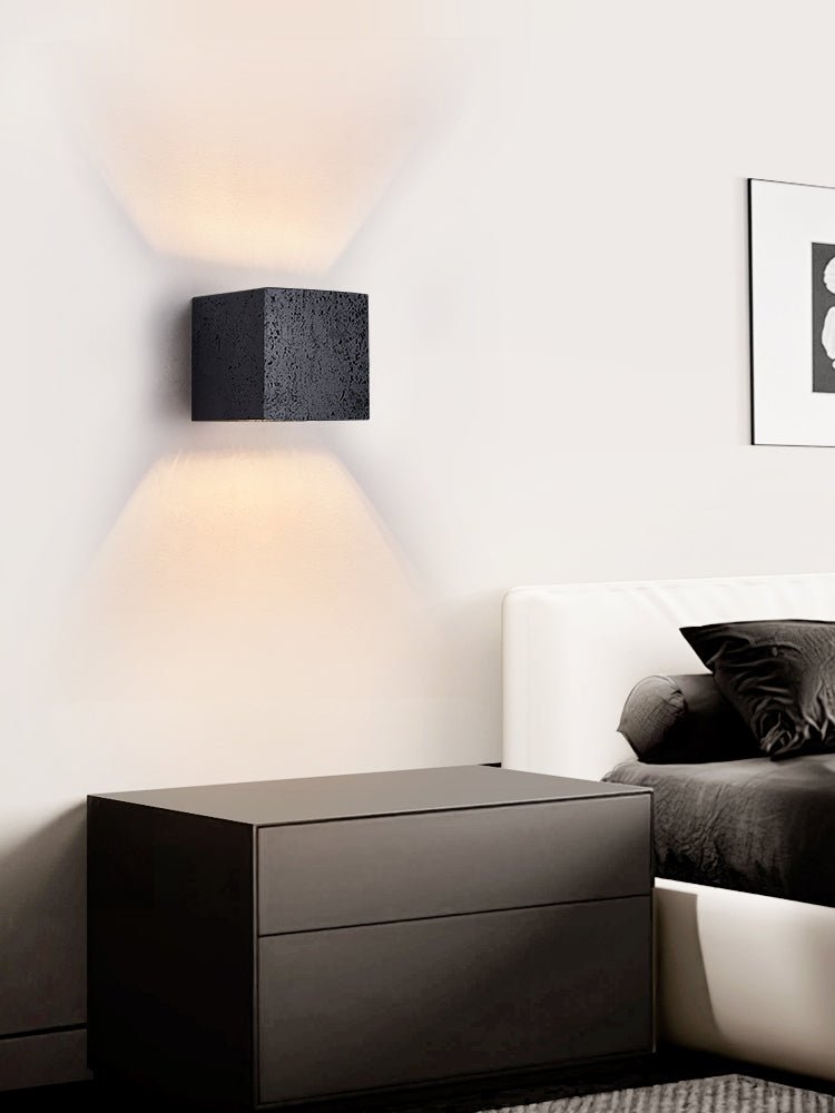 Vulcanis Cube Wall Sconce in Black Travertine with Golden Interior