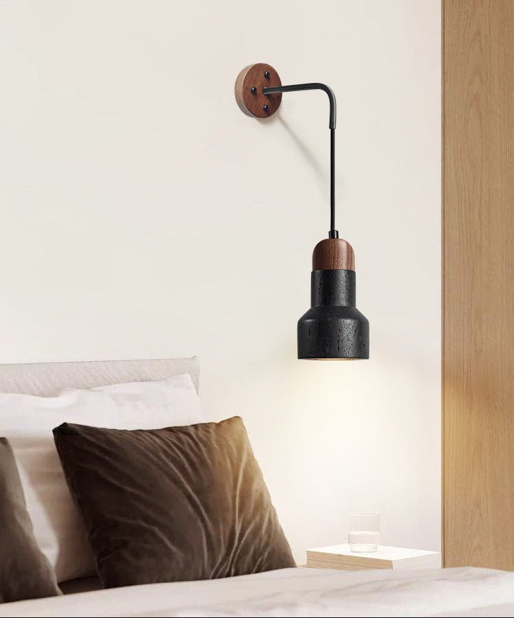 Vulkan Drop Wall Sconce in Black Travertine and Walnut