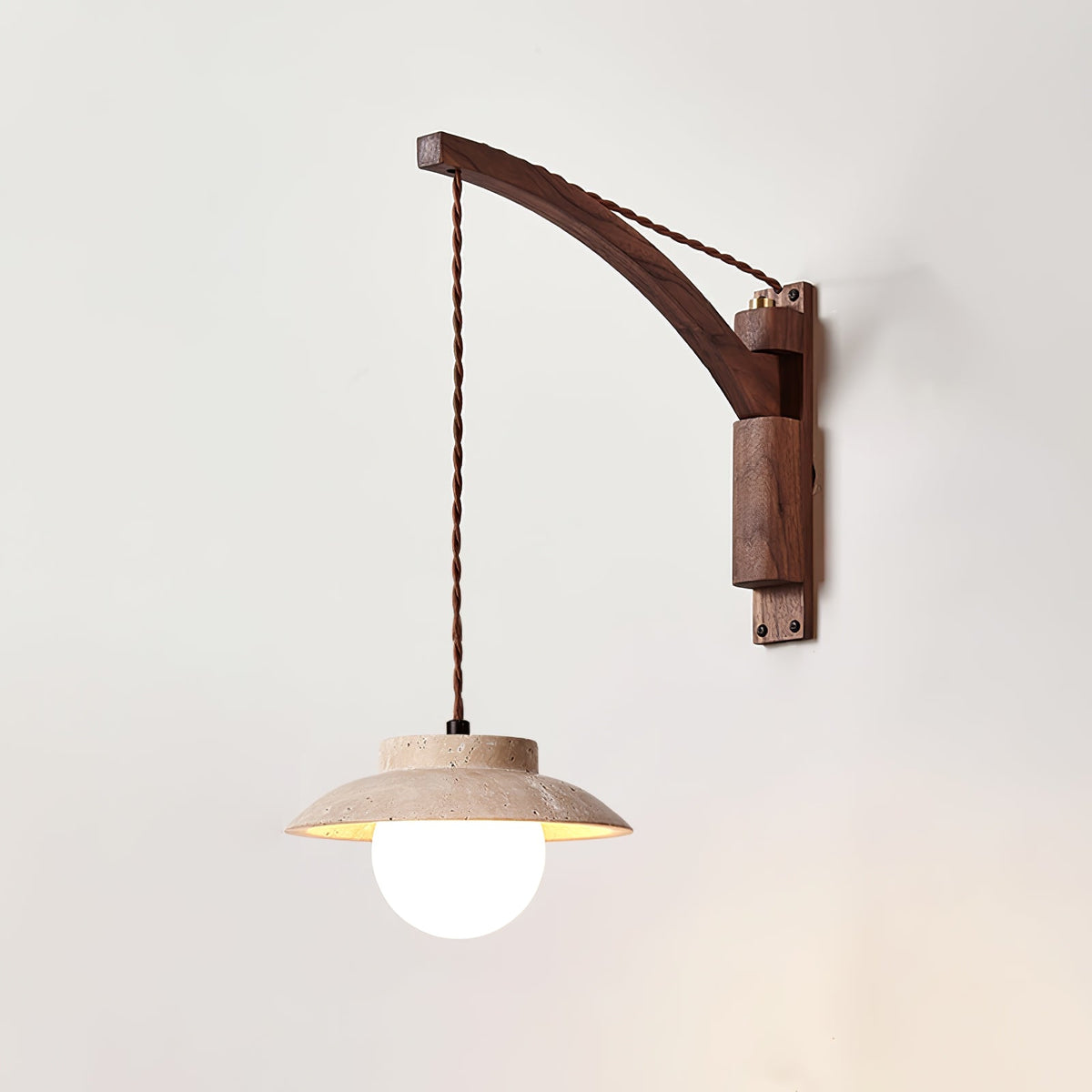 Artisan Arc Wall Sconce with Walnut Arm and Travertine Shade
