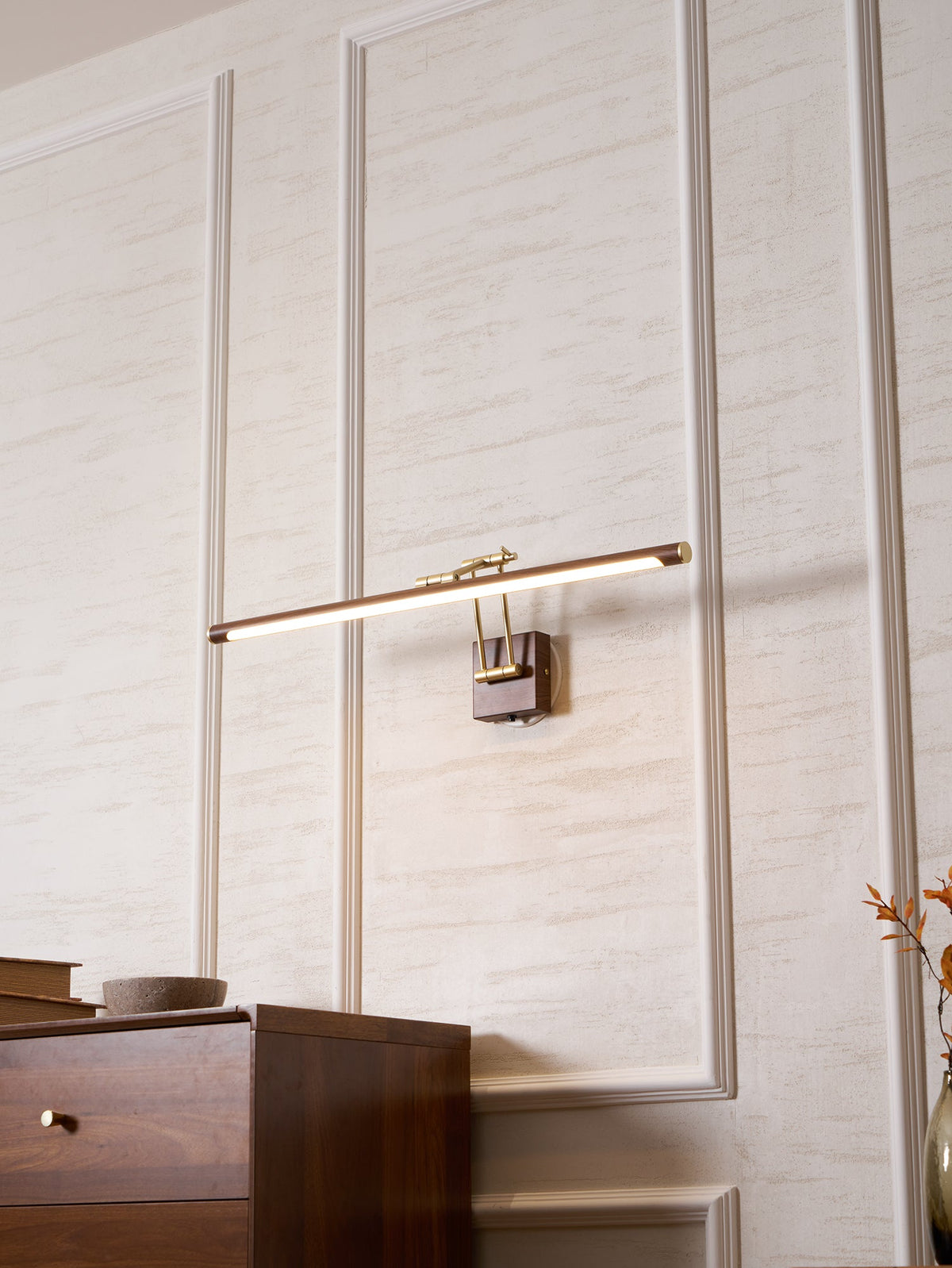 Walnut Linear Wall Sconce with Adjustable Brass Arm