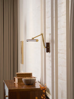 Walnut Linear Wall Sconce with Adjustable Brass Arm