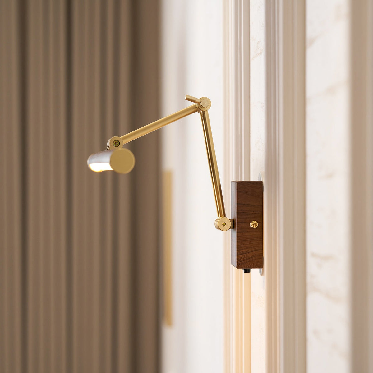 Walnut Linear Wall Sconce with Adjustable Brass Arm