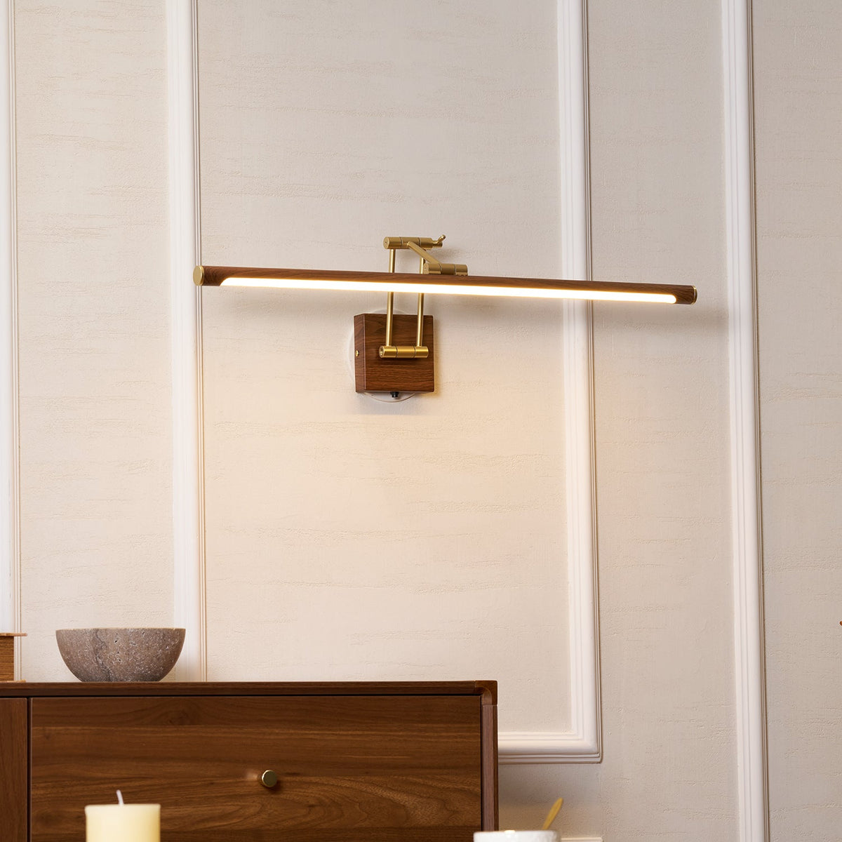 Walnut Linear Wall Sconce with Adjustable Brass Arm