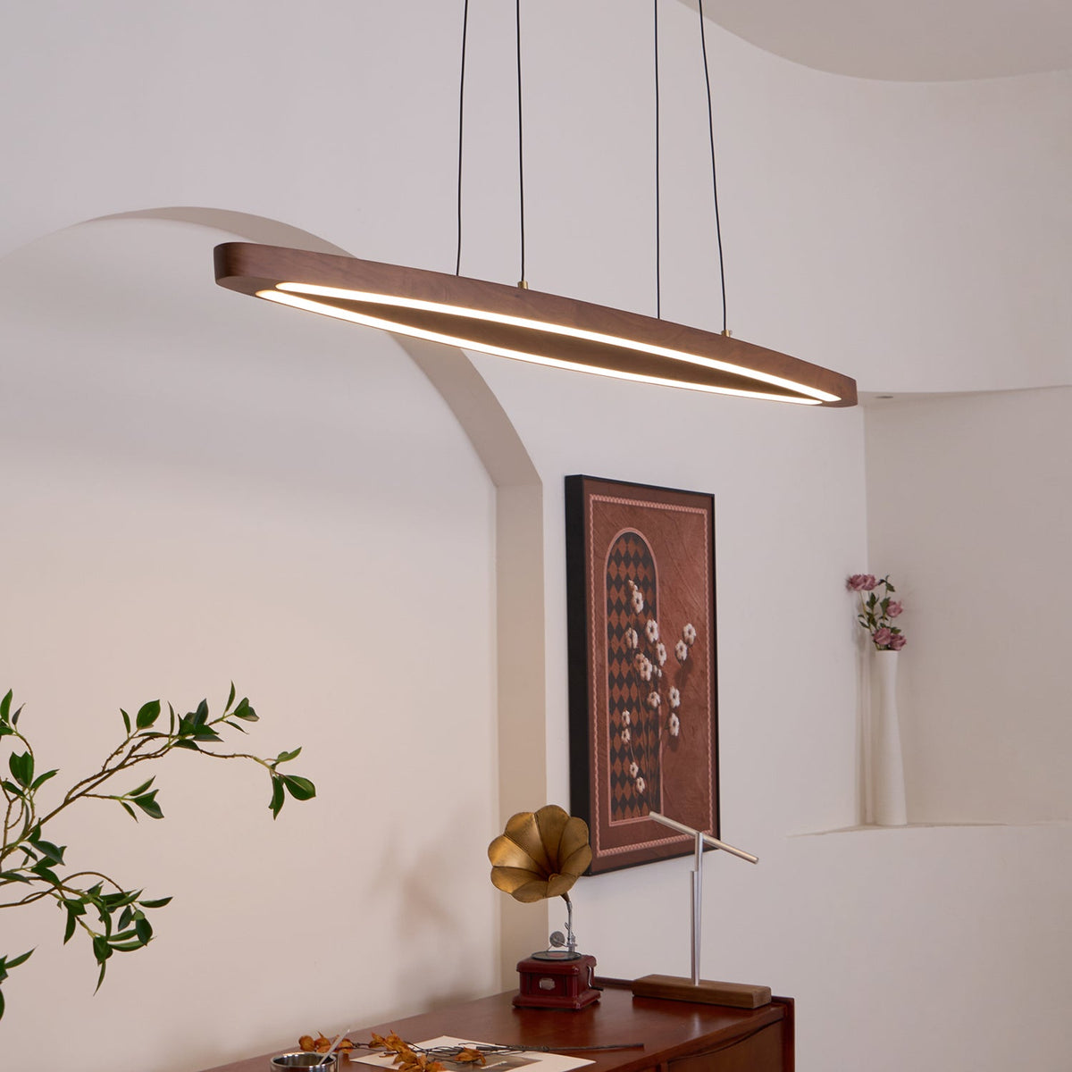 Walnut Arc Linear LED Pendant Light for Kitchen Island and Dining Room