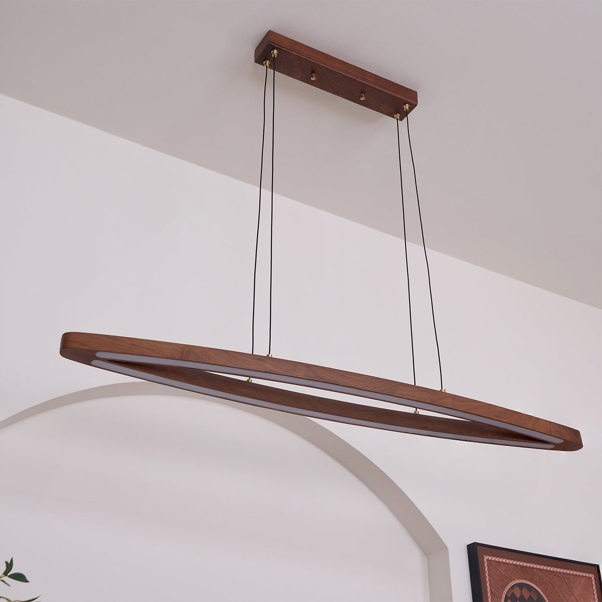 Walnut Arc Linear LED Pendant Light for Kitchen Island and Dining Room