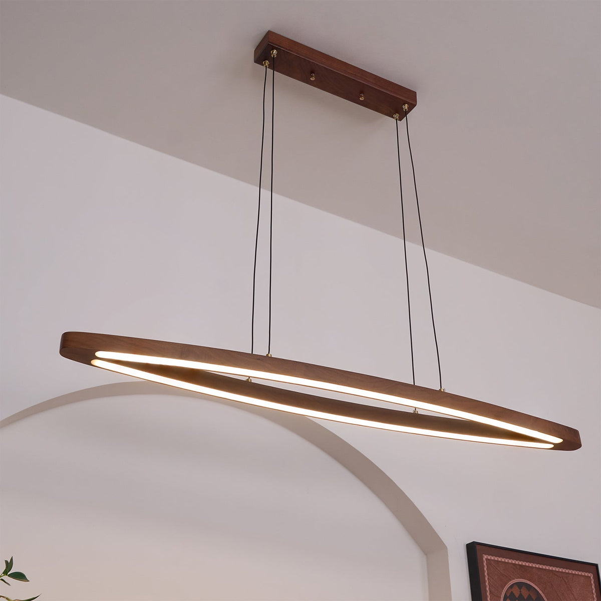 Walnut Arc Linear LED Pendant Light for Kitchen Island and Dining Room