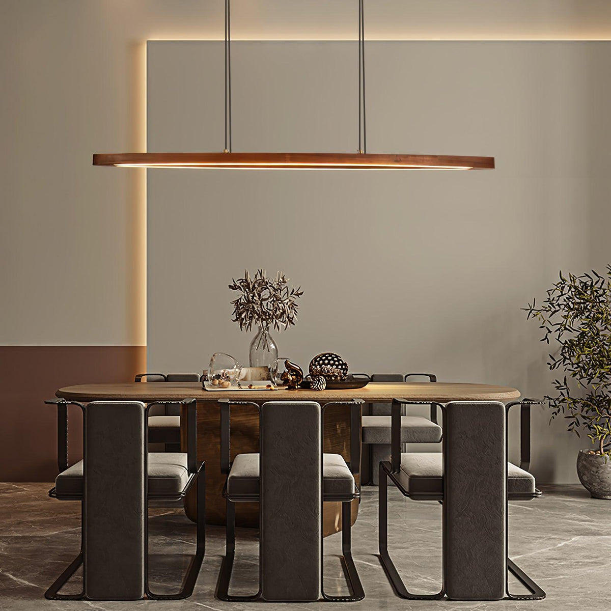 Walnut Arc Linear LED Pendant Light for Kitchen Island and Dining Room