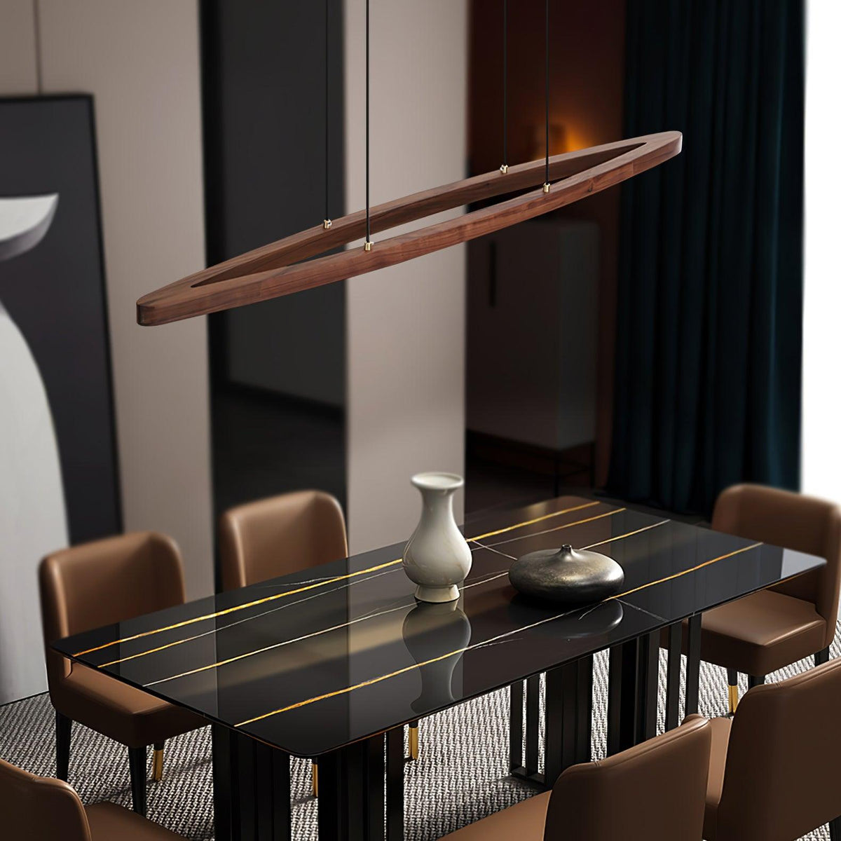 Walnut Arc Linear LED Pendant Light for Kitchen Island and Dining Room