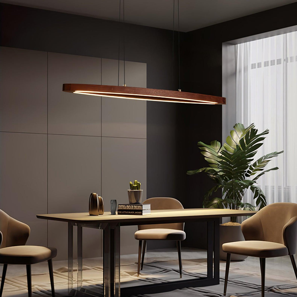 Walnut Arc Linear LED Pendant Light for Kitchen Island and Dining Room