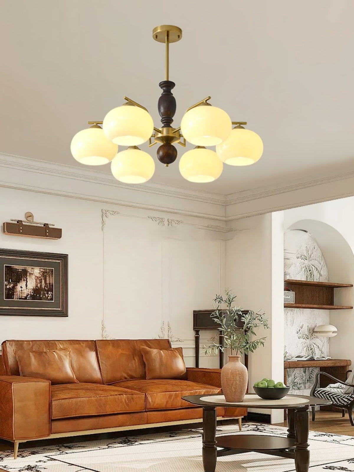 Walnut Beige Orb Chandelier – Modern Designer Pendant Light for Dining and Living Rooms