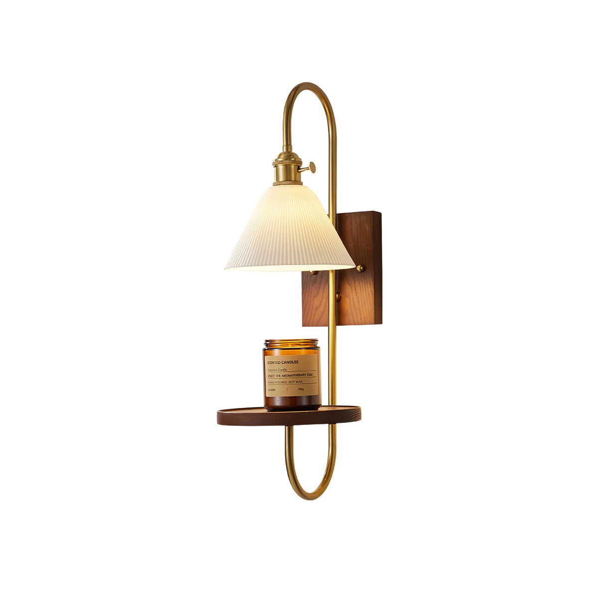 Walnut Shelf Wall Sconce with Brass Accent and Glass Shade