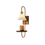 Walnut Shelf Wall Sconce with Brass Accent and Glass Shade