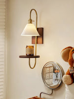Walnut Shelf Wall Sconce with Brass Accent and Glass Shade