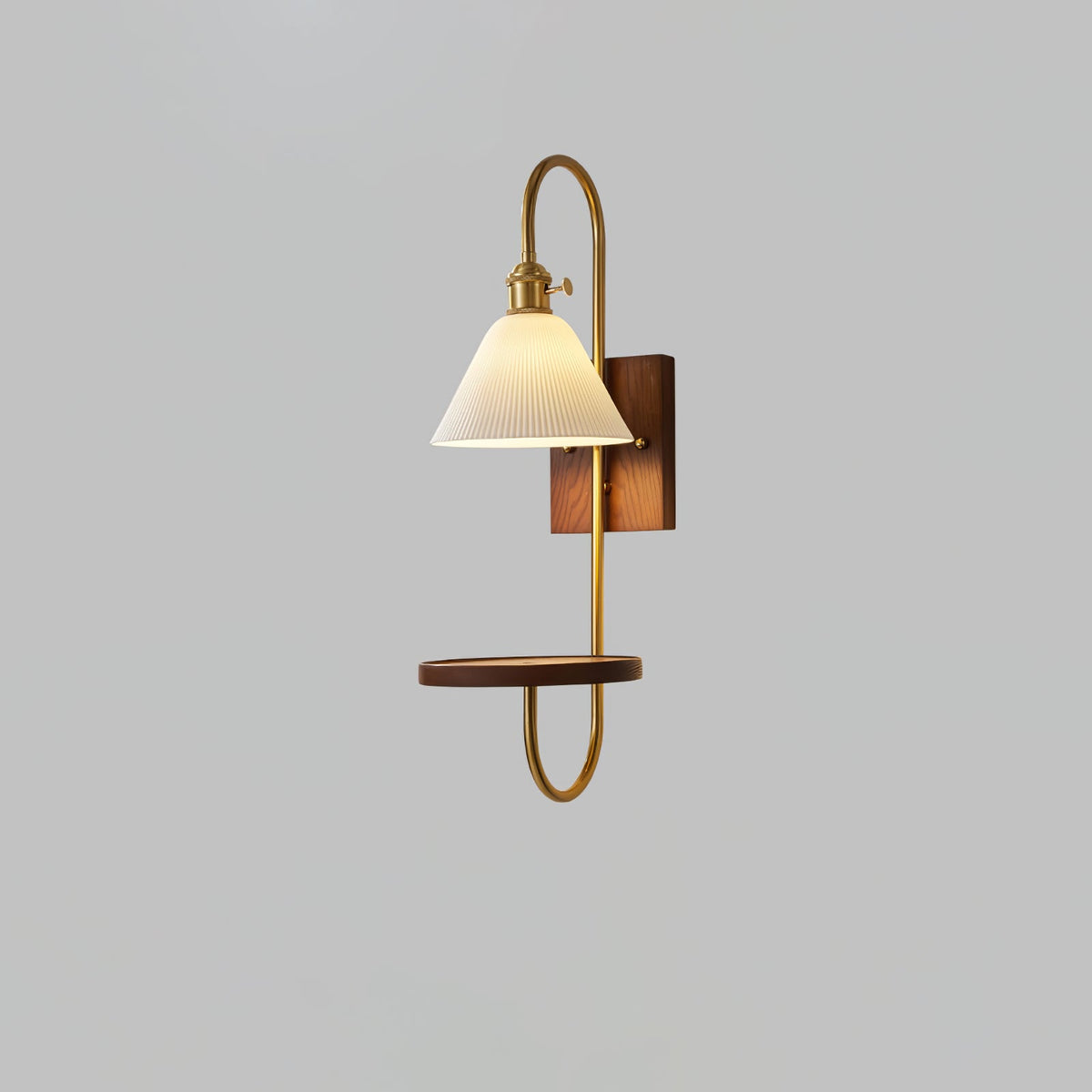 Walnut Shelf Wall Sconce with Brass Accent and Glass Shade
