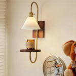 Walnut Shelf Wall Sconce with Brass Accent and Glass Shade