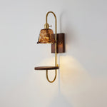 Walnut Shelf Wall Sconce with Brass Accent and Glass Shade
