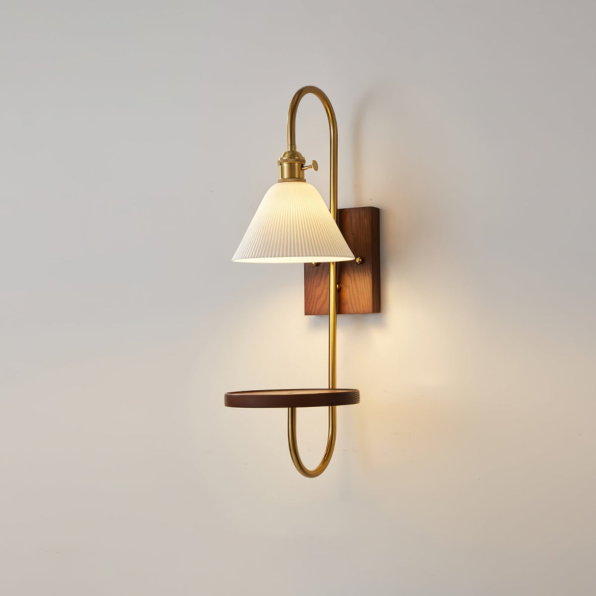 Walnut Shelf Wall Sconce with Brass Accent and Glass Shade