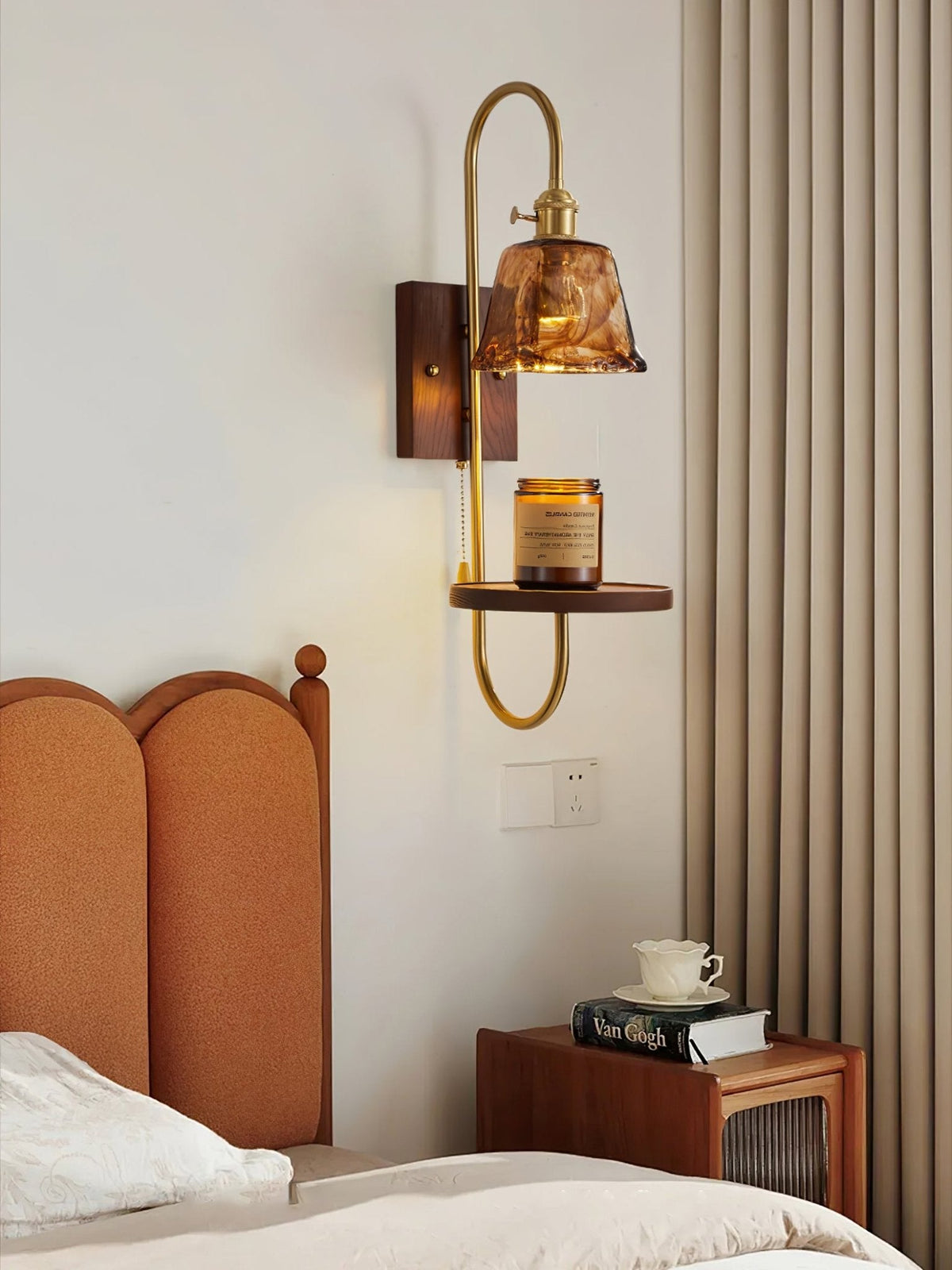 Walnut Shelf Wall Sconce with Brass Accent and Glass Shade