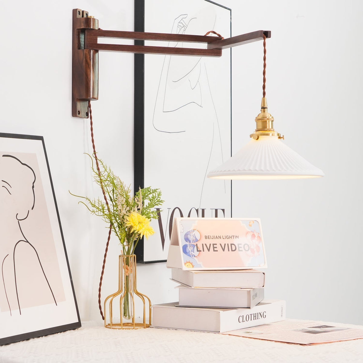 Swing Arm Walnut Wall Light