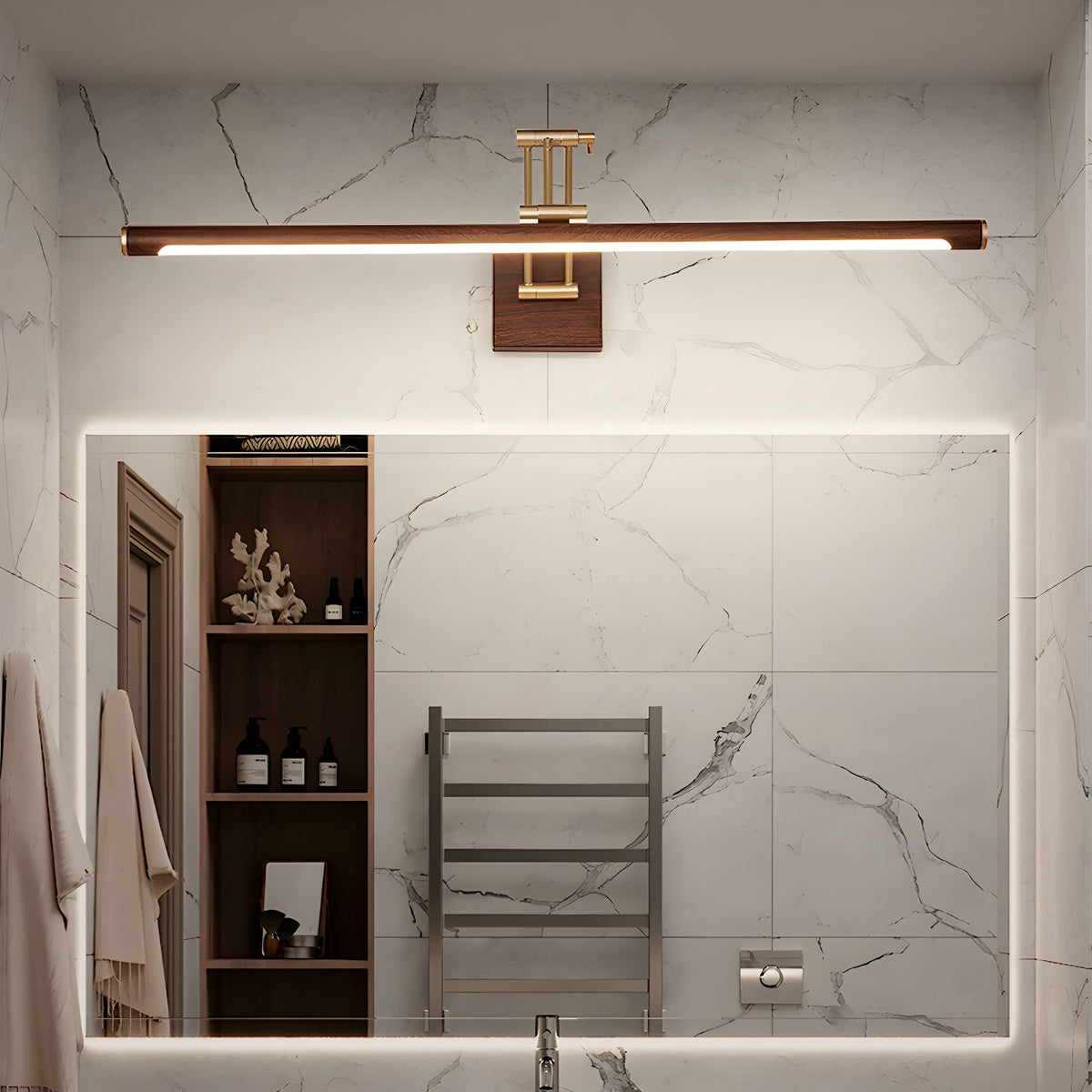 Walnut Linear Wall Sconce with Adjustable Brass Arm