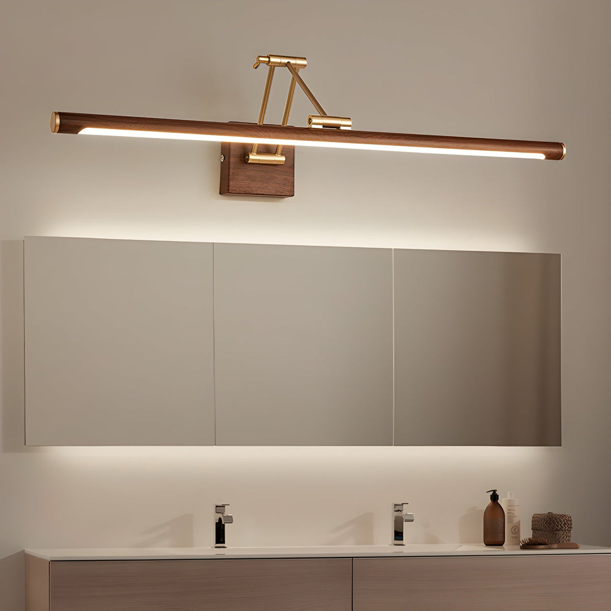 Walnut Linear Wall Sconce with Adjustable Brass Arm