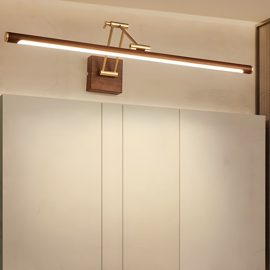 Walnut Linear Wall Sconce with Adjustable Brass Arm