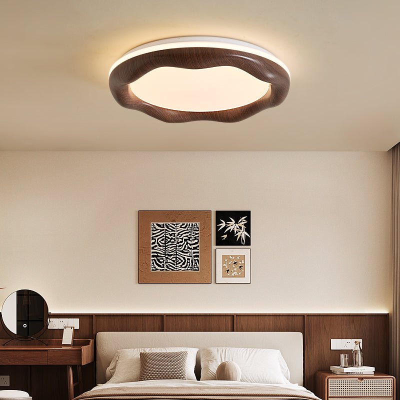 Wavora LED Ceiling Light in Walnut Wood Grain Finish, Modern Flush Mount for Living Room and Bedroom