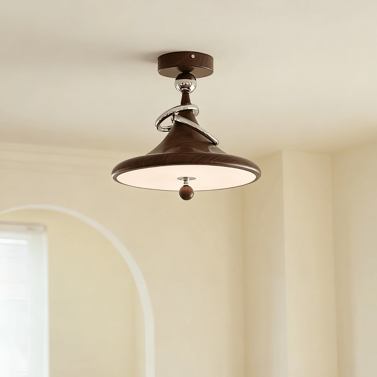 Whirl Ceiling Lamp – Modern Walnut & Chrome Flush Mount Light