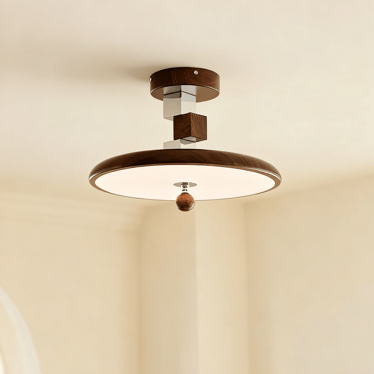 Whirl Ceiling Lamp – Modern Walnut & Chrome Flush Mount Light