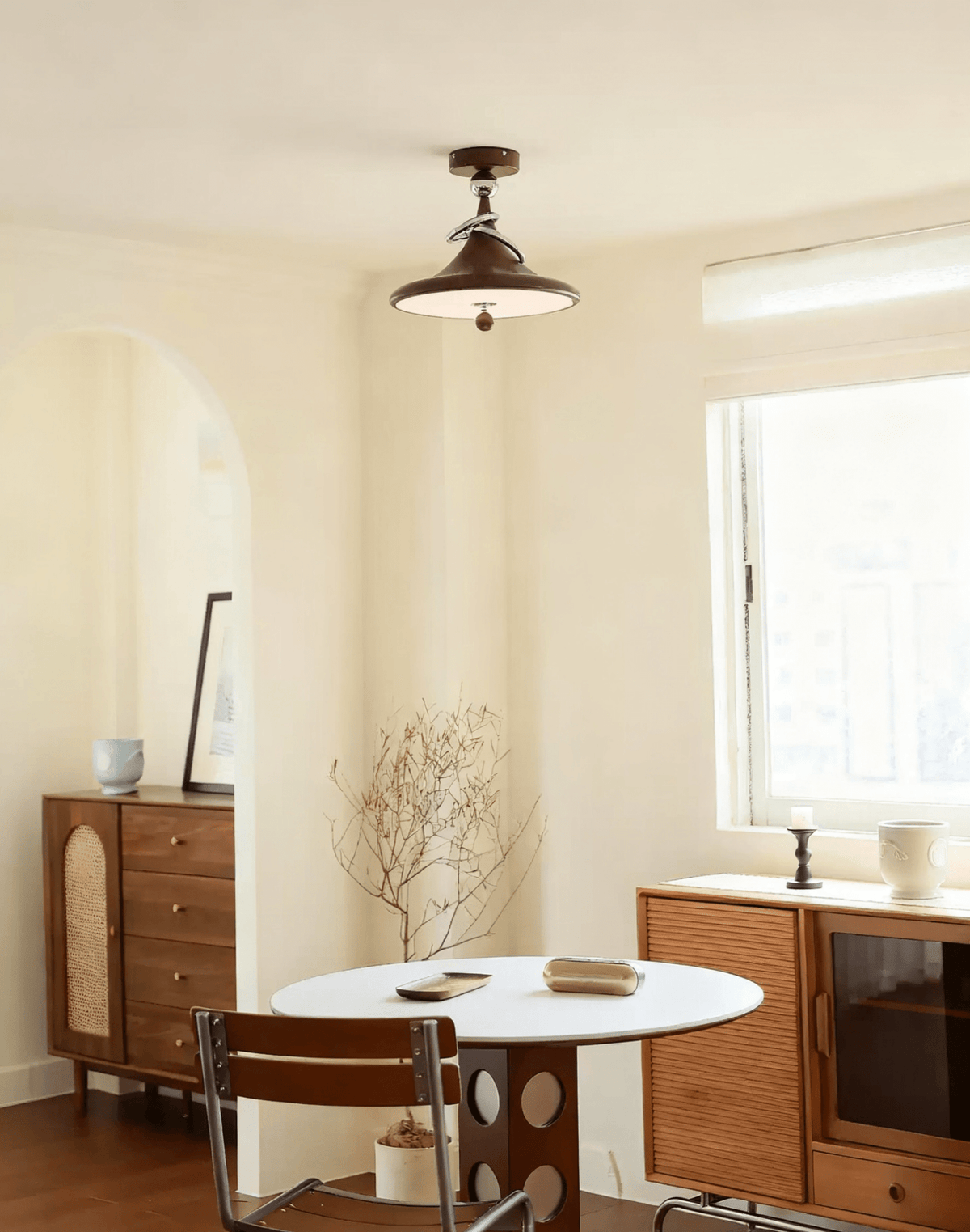 Whirl Ceiling Lamp – Modern Walnut & Chrome Flush Mount Light
