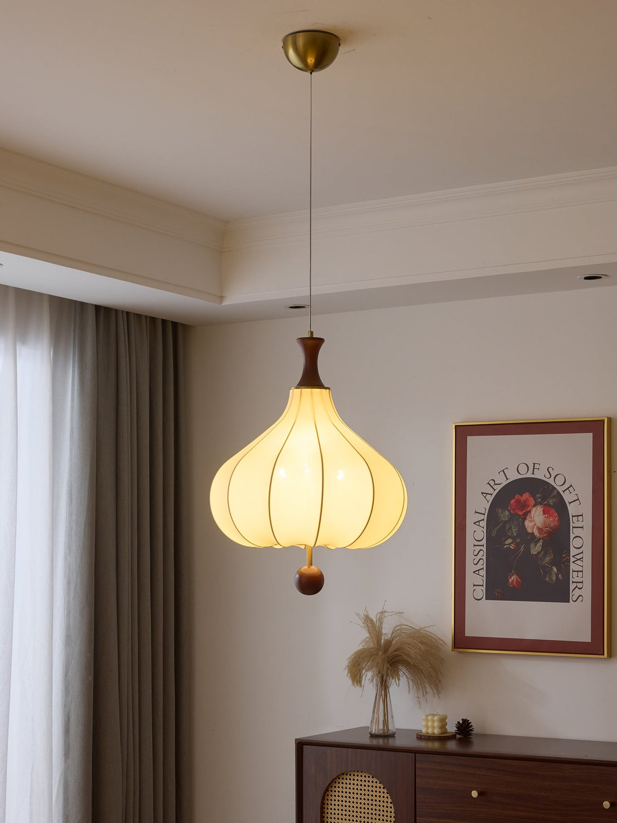 Whispering Grace Fabric Pendant Light with Walnut Wood Accents